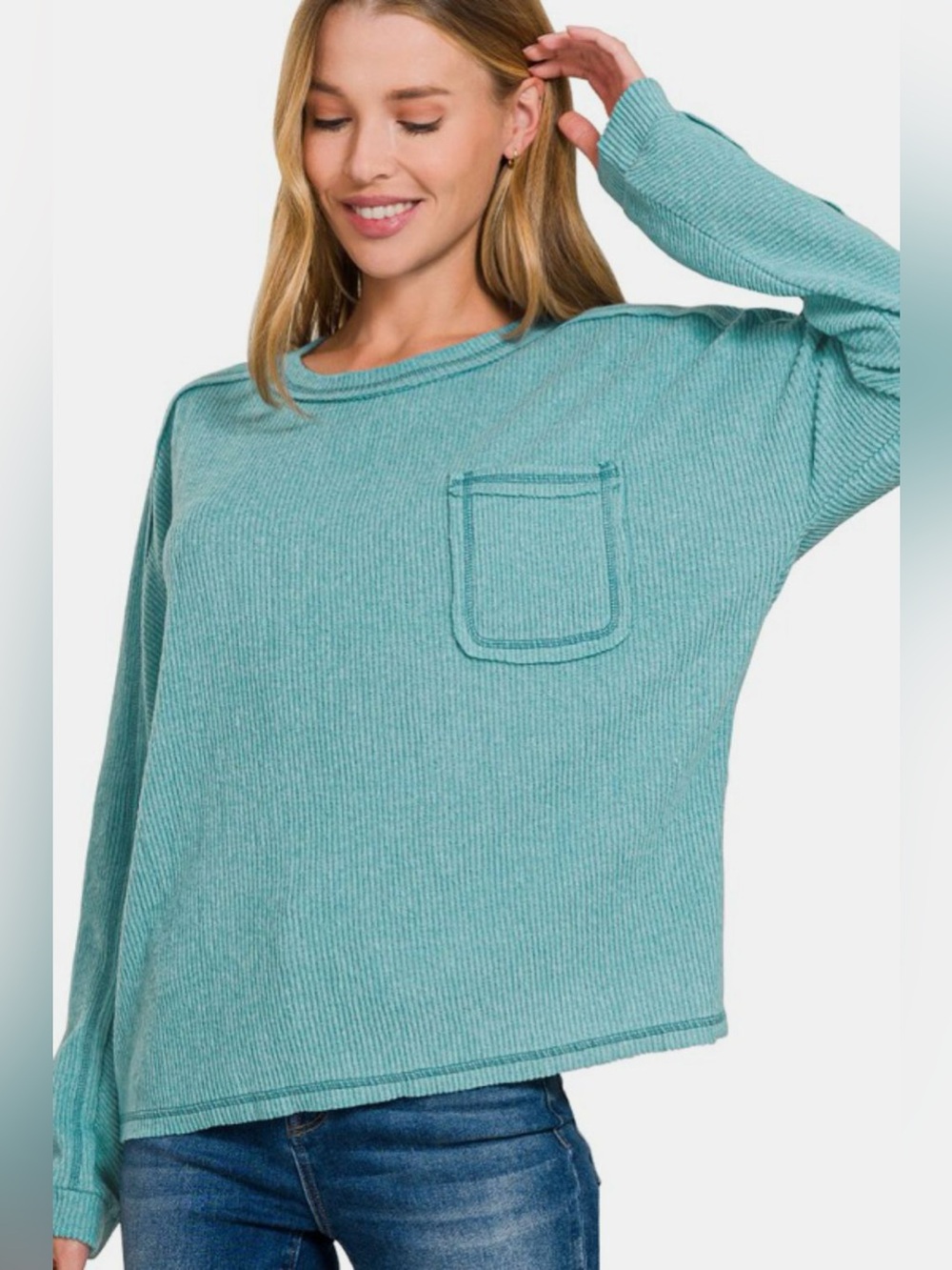 Zenana Full Size Contrast Stitching Brushed Ribbed Hacci Knit Top Plu Size